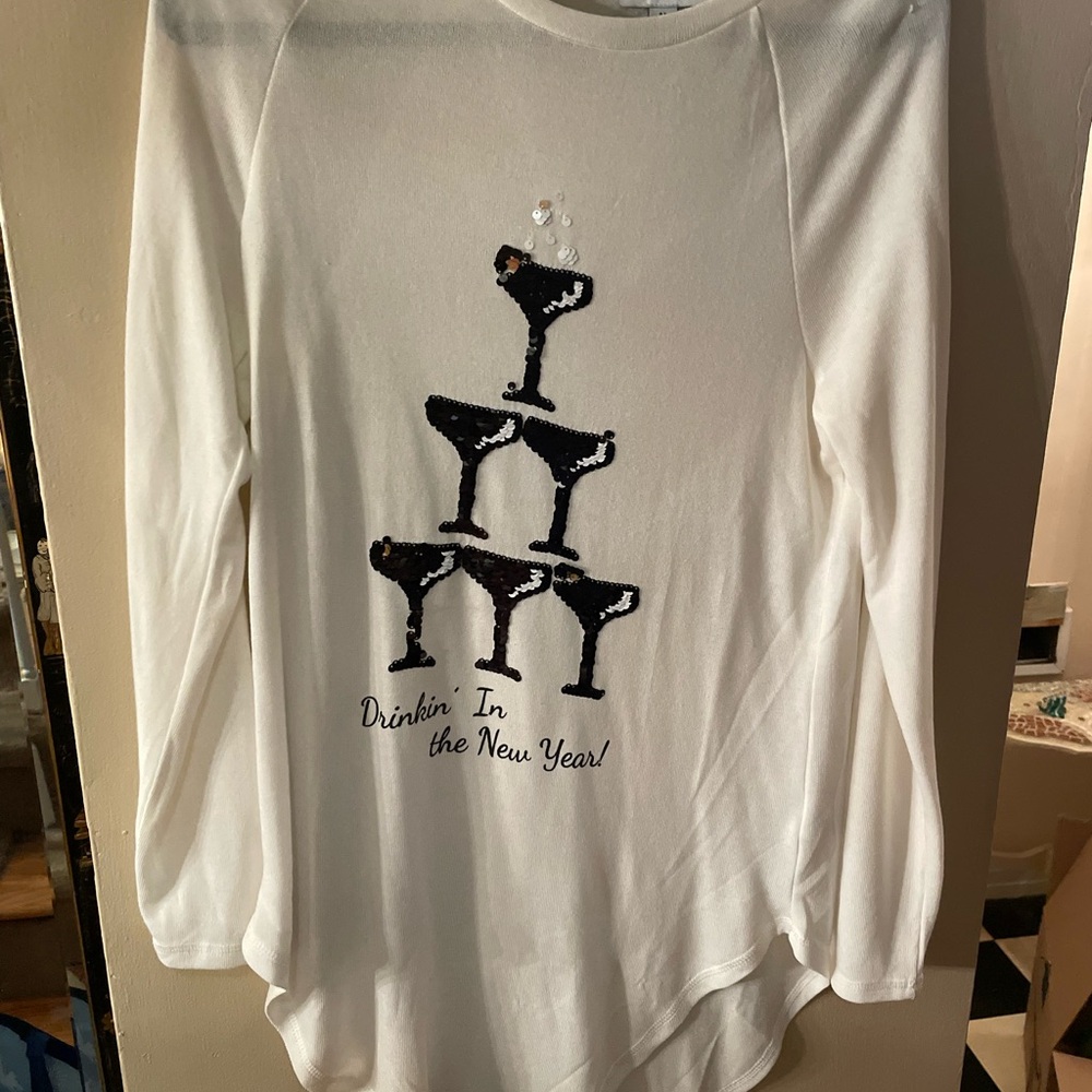 White Long Sleeved New Year’s Eve Top with Black Sequin champagne Glasses Design